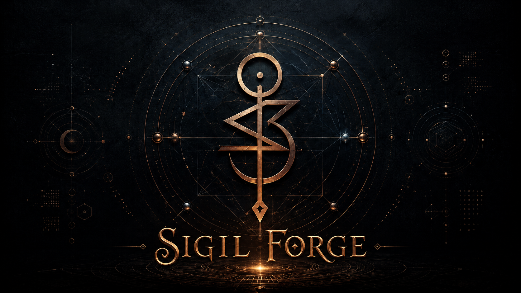 Bronze monogram sigil on a dark geometric plate field